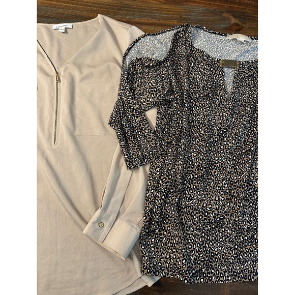 Calvin Klein‎ & Michael Kors Blouses Tops Beige & Animal Print Woman's Medium - Picture 1 of 13